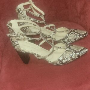 Adrienne Vittadini Brown and Cream Snakeskin Heels